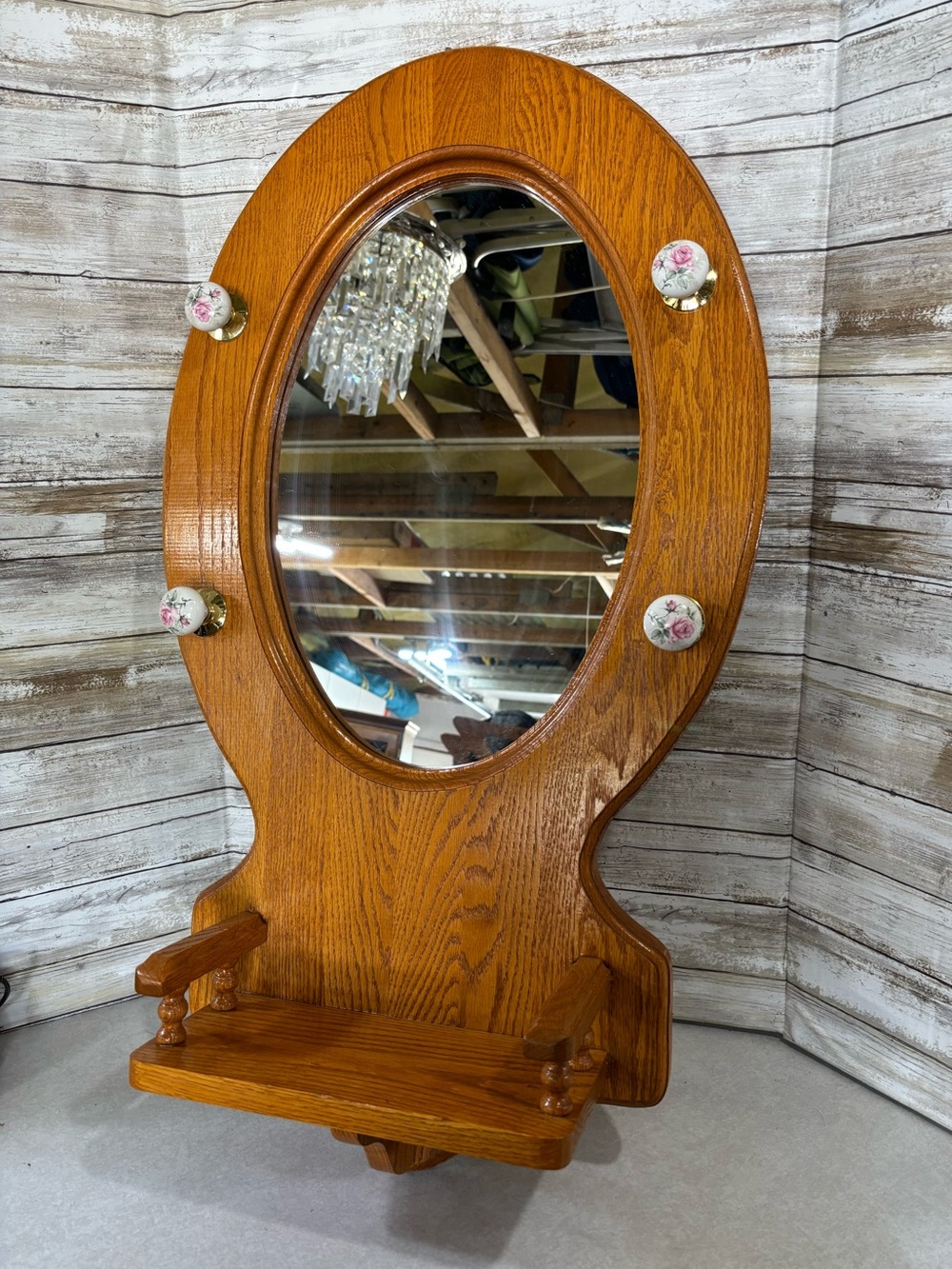 Large wooden Oak mirror with trinket shelf and knob hangers